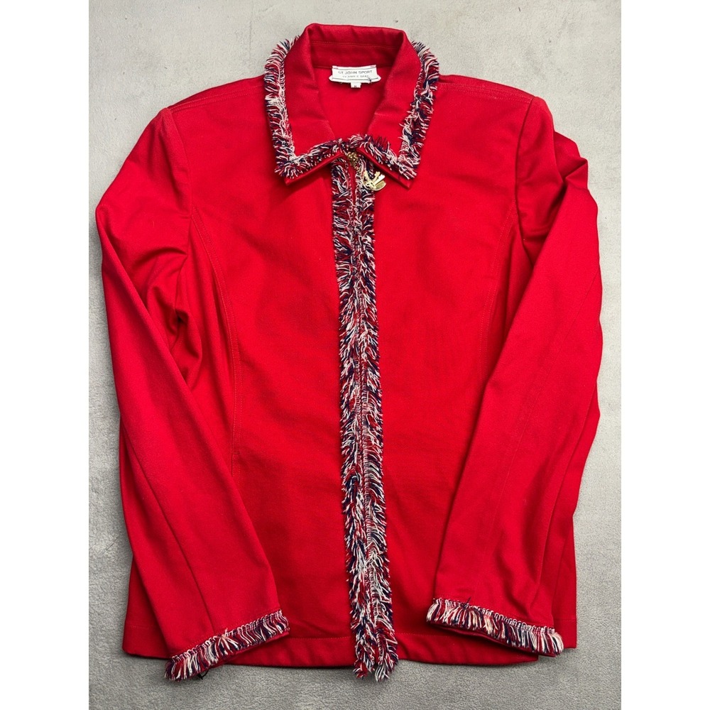 St John Sport Marie Gray Red Fringe Zip Jacket Heart Lock Key Charm Size Medium